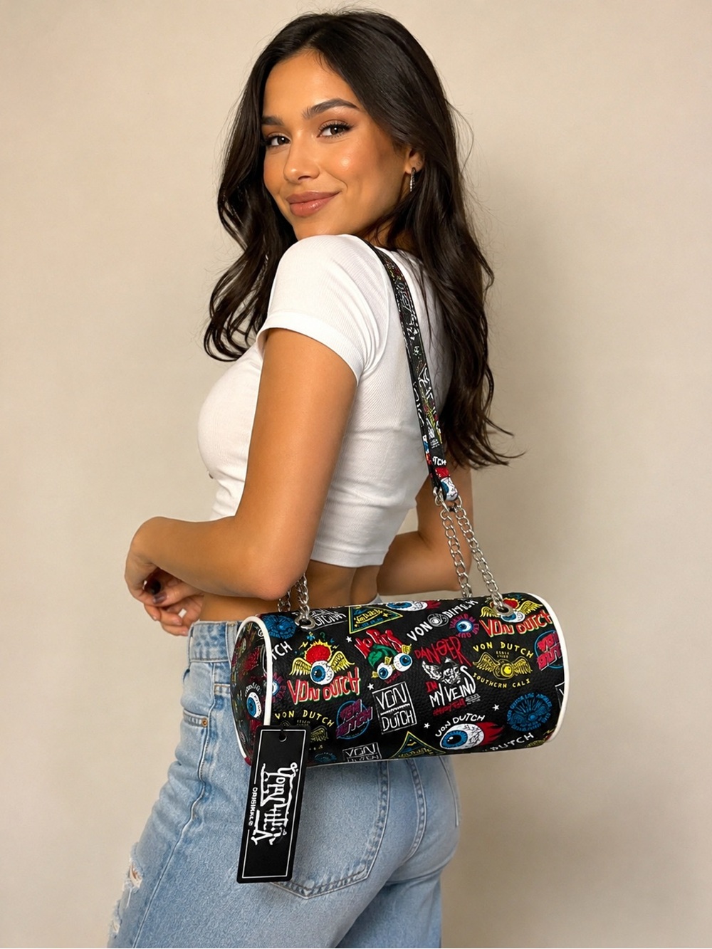 Von Dutch Black Graphic Barrel Crossbody Bag with Multicolor Patches